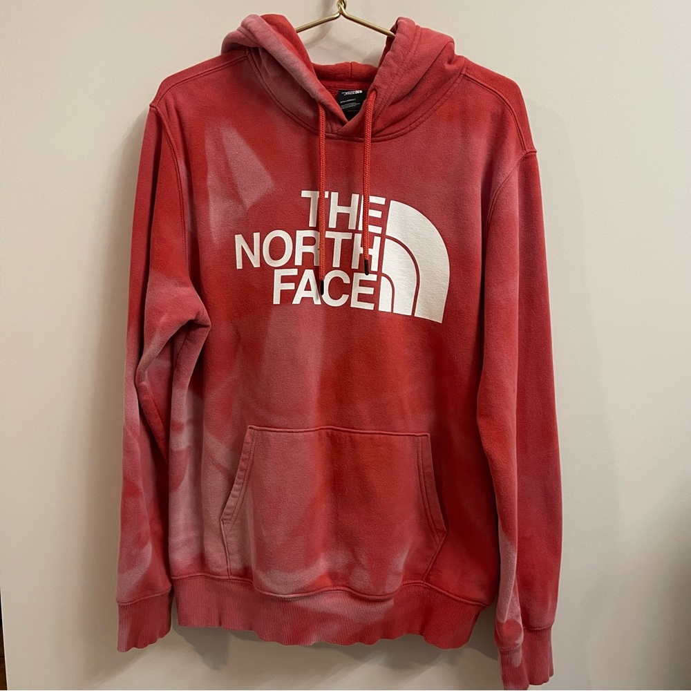THE NORTH FACE Red White Tie Dye Marble Mens Hoodie Sweatshirt L